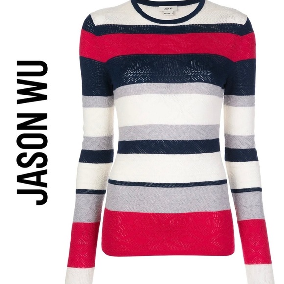 Jason Wu Striped Pointelle-Knit Wool Sweater - Picture 1 of 8